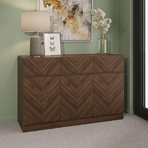 GFW Catania Narrow Large Sideboard Cabinet Unit With 3 Storage Drawers & 3 Storage Cupboards, Walnut Furniture For Living Room, Dining Room, Hallway & Office, Royal Walnut D39.8 x H76 x W118.8cm