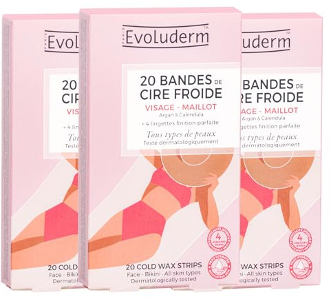 EVOLUDERM - 20 strisce depilatorie di cera fredda - Viso & Maglia - Ingredienti di origine naturale - Vegan - Fabbricazione francese - Set di 3 x 20 strisce