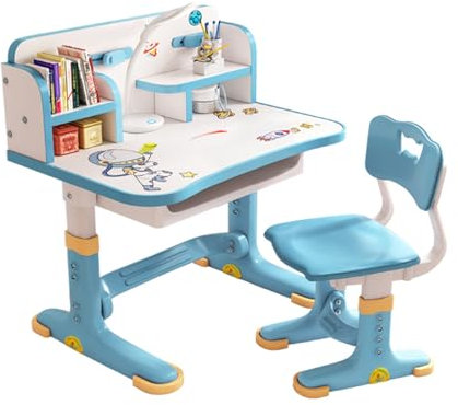 RFEGJVII Kinder-Schreibtisch- und Stuhl-Set, höhenverstellbarer Kleinkind-Schreibtisch mit Cartoon-Muster, mit Bücherständer und Aufbewahrungsschublade für Jungen und Mädchen, Blau Blau