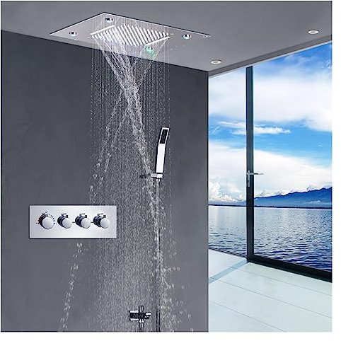 USKI Panel de Ducha de Lluvia montado en el Techo Empotrado termostático for baño, Conjunto de Cabezal de Ducha LED de Cascada de Acero Inoxidable