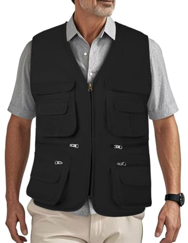 HZQIFEI Gilets de Pêche pour Hommes Gilet de Travail Plein air Photographie Sport Multi-poches Gilet Veste Sans Manches MJ20 (Noir, L)