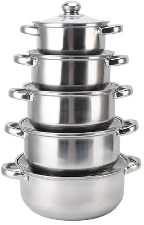 Set di pentole in acciaio inox, Set di pentole da in acciaio inox con coperchio in vetro, manico a 2 orecchie Pentola multiuso 16cm, 18cm, 20cm, 22cm, 24cm
