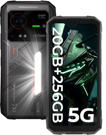 HOTWAV Hyper 7 5G Outdoor Smartphone (2025), 20GB RAM+256GB ROM, 280LM Campinglicht, Cellulare Impermeabile, 10800mAh(33W) Cellulari, 6.6”FHD+ 120Hz, 64MP+32MP, Face ID/IP68/IP69K/NFC (nero)