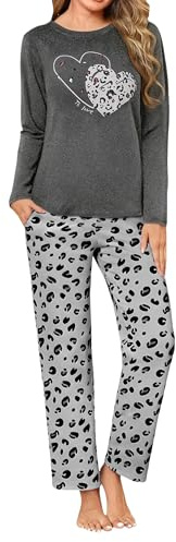 Uniexcosm Pijama Mujer Largo Pijamas para Mujer Invierno Algodón Conjunto de 2 Piezas Manga Larga en Cuello Redondo Patrón de Diente de león Top y Pantalones A:TA XL