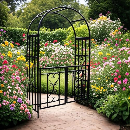Trädgårdsspaljé rosbåge med grind – 210 cm metallpergola för klättervinstockar utomhus berså med 4 markinsatser och 6 växtstödklämmor – elegant trädgårdsdekor