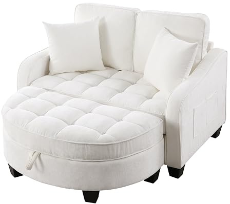 HNDE202511107 Bäddsoffa med justerbart ryggstöd 2-sits hopfällbar bäddsoffa med halvcirkel-fotstöd, sidofickor, fotstöd med förvaringsutrymme, 129 x 132 x 93 cm, beige