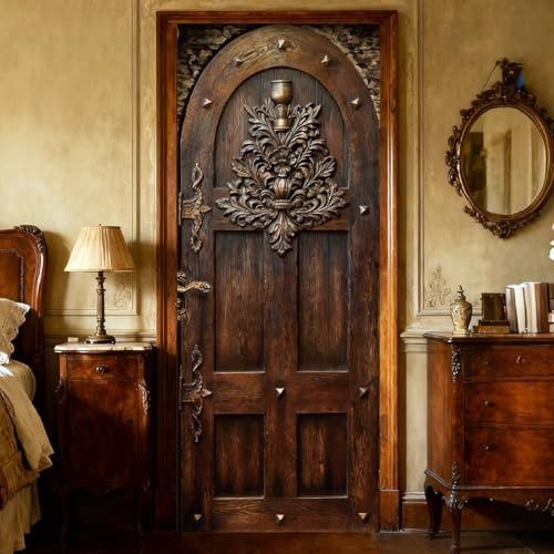 PRESSINART 3D Wood Door Sticker Vintage Peel and Stick Door Mural Retro Pattern PVC Self Adhesive Decorative Wallpaper Decal for Bedroom Living Room Office Decoration 15.2 x 78.7 Inch Set of 2 Sheets