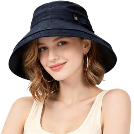 AYPOW Women Sun Hat UV Protection Wide Brim Bucket Hats, Fold Up Brim Summer Beach Cap, Foldable Adjustable Outdoor Garden Caps for Ladies Teen Girl Daily Wear Fishing Travel Hiking Navy Blue