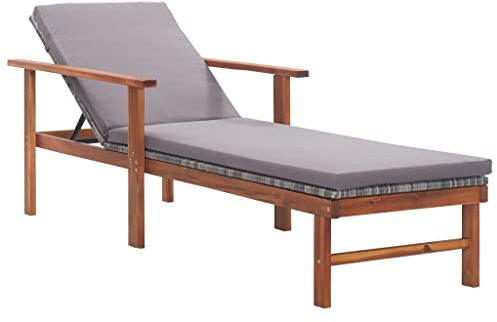 vidaXL Chaise Longue et Coussin Jardin Bain de Soleil de Patio Transat de Terrasse Extérieur Piscine Résine Tressée Gris Bois d'Acacia