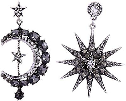 AILUOR Pendientes de aro colgantes de estrella y luna de cristal, pendientes de gota de sol y estrella de luna plateada, pendientes boho, joyería punk retro para mujeres y niñas (Negro)