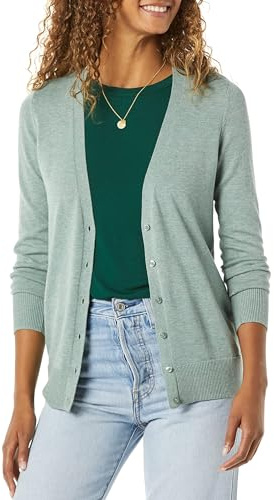 Amazon Essentials Women's Lightweight V-Neck Cardigan Sweater, Sage Green Heather, Large