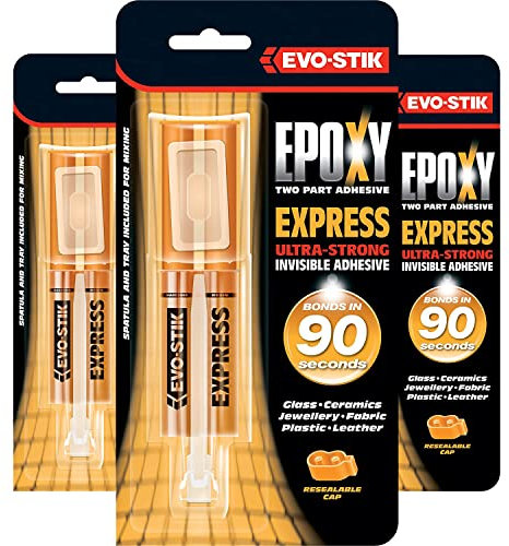 3 x Evo Stik 25ml Epoxy 2 Part Invisible Adhesive | Ultra Strong, Bonds in 90s, Water-Resistant | Ideal for Glass, Ceramics, Leather, Fabric & Plastic