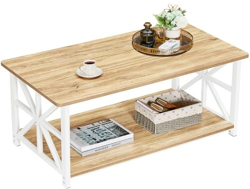 GreenForest Coffee Table with 2-Tier Storage,100 cm Living Room Table with Round Corner, Center Table with X-Frame Design for Home Office,Oak