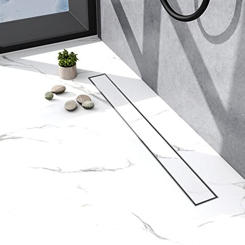 Biubiubath Caniveau de douche en acier inoxydable - 120 cm - Siphon avec système anti-odeurs - Deux types de montage - avant et arrière - Kit complet avec fixation au sol