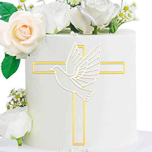 BETESSIN 1Stk. Kuchendeko Kreuz Cake Topper Taube Gold Acryl Torte Deko 16x14cm Spiegel Kuchen Dekoration Set für Hochzeit Babyparty Geburtstag Party Kommunion