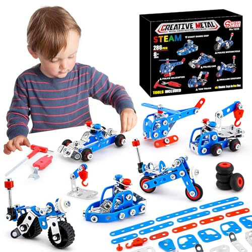 Stem Building Toys for Boys Age 8-12,Police Toys 6 Mini Metal Model Set for Kids,Erector Set for Boys Age 8-12,Assembly Science Kit Educational Gifts For Kids 8 9 10 11 12-16 Years Old（279 Pieces）