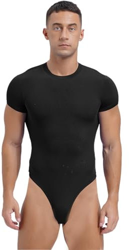 Hedmy Herren Overall Kurzarm Shirt Body Männer Einteiler Overall Offnen Schritt Stringbody High Cut Jumpsuit Gym Workout Outfts Schwarz XXL