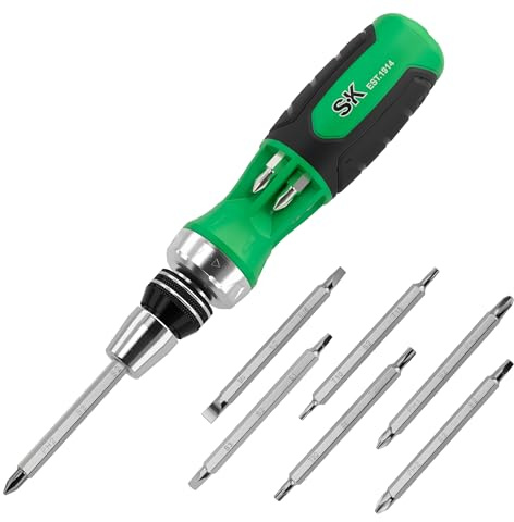 SK 12-in-1 Ratcheting Screwdriver, 216-P, Multi-bit Driver with Quick-Load Mechanism, S2 Steel, with Phillips, Slotted, Star, Square Bits Stored in Handle