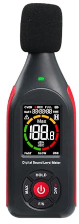 Decibelímetro Medidor de Nivel de Sonido Lector Detector de Nivel de Sonido 30dB a 130dB MAX Data Hold, Monitor de Ruido SPL dB Medidor con Alarma, Registro de Datos y Función Recargable