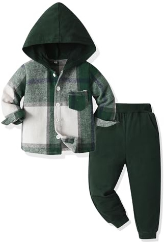 UUAISSO Ropa de bebé para niños pequeños Tops a cuadros con capucha sudadera pantalones Otoño Invierno Trajes verde oscuro 18-24 meses