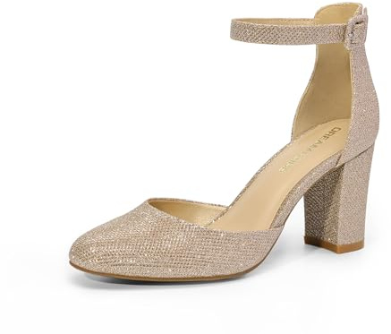 DREAM PAIRS Zapatos de Novia con Tacones Gruesos y Cerrados para Mujer, con Correa en el Tobillo y Punta Redonda.,Size 38.5,Oro-Brillo,DWUMPU2535