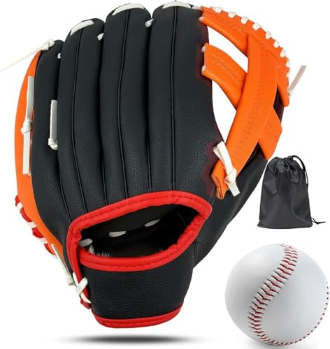 LeapBeast Baseballhandskar, mjuka bollhandskar med 1 boll, baseboll träning, tävlingshandske tjocka hållbara softbollhandskar för barn och vuxna (orange svart B, 30 cm)
