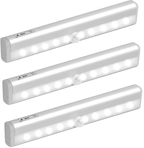 Jinlaili 2 Piezas Luz Armario, 10 LED Luz Nocturna con Sensor de Movimiento, Funciona con Pilas, Lámpara Nocturna con Tira Magnética Adhesiva, Luces de Noche para Pasillo (3PCS-Blanco frio)