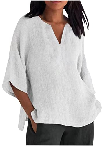 Camiseta Mujer Lino Algodón Manga Corta Camisa Blusa Ligero Verano Moda Casual Color Sólido Cómodo Suelto Cuello en V Tops T-Shirt Elegante Basic tee Talla Grande Transpirable 2025