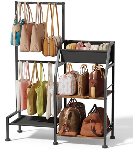 Homsorout Purse Organizer for Closet - Purse Rack Stand with 12 Hooks, 2 Wooden Shelves Purse Storage for Closet, Large Capacity Backpack Storage, Handbag Organizer for Home, Living Room, Black