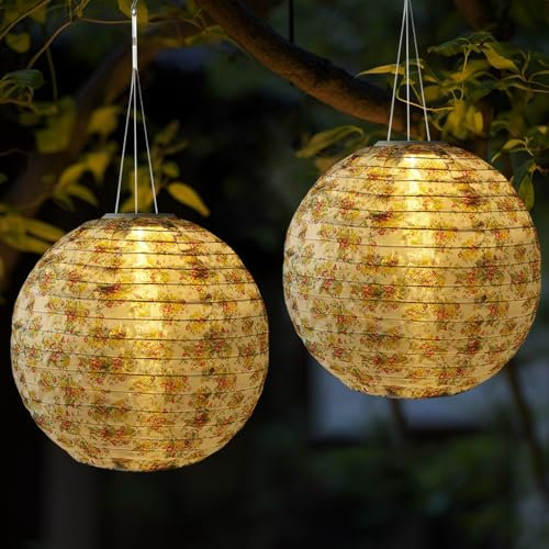 Lampions Solar Outdoor, 2 Stück 25CM Solarlampen für Außen, Lampions Solar Außen, Solarleuchten für Außen Hängend, wasserdicht für Garten, Hochzeit, Kirche, Party Dekoration - Warmes Licht