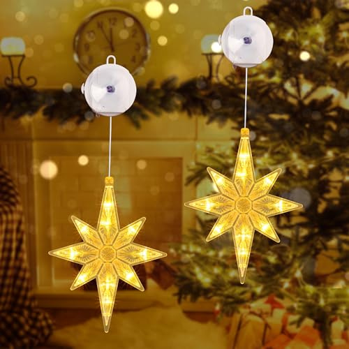 Qedertek LED Sterne Weihnachtsbeleuchtung, 2 Stück Weihnachtsstern Fenster Lichterkette Batteriebetriebene mit Saugnäpfe, Timer, Warmweiß Fensterlichter für Innen Außen Party Hochzeit Weihnachtsdeko