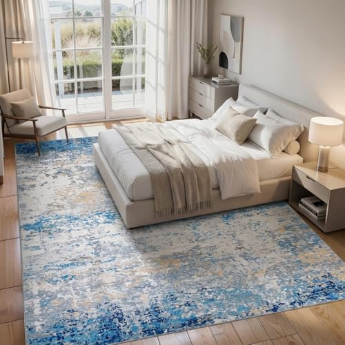 CAROMIO Modern Abstrakt Groß Wohnzimmerteppich 200x290 cm, Waschbarer Schlafzimmer Teppich, rutschfest Kurzflor Teppiche Büro Esszimmer, Grau Blau