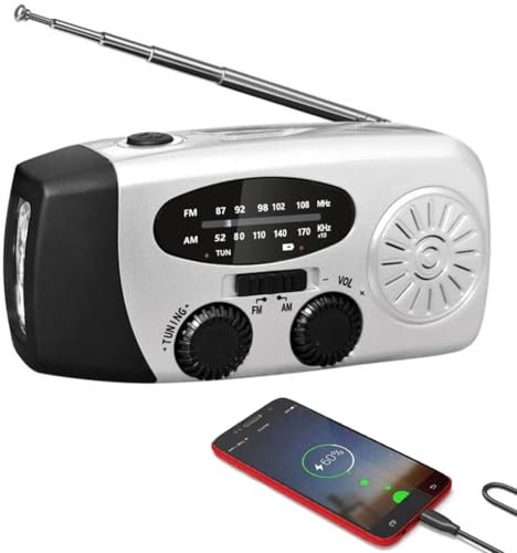 Radio d'urgence portable à manivelle solaire avec tuner AM/FM, 2000 mAh, chargeur USB, alarme SOS, lampe de poche LED pour la maison, l'extérieur, le camping, la randonnée (gris)