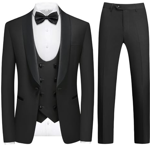KUDMOL Men's Suit 4-Piece Shawl Lapel Blazer Vest Pants Set with Bow Tie | Solid Slim Fit One Button Business Tuxedo, Double Breasted Vest, Elegant Formal Suit for Wedding Prom Dinner Events