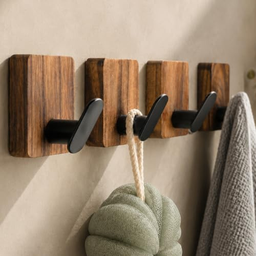 RUICER Handtuchhalter Ohne Bohren - 4 Stück Holz Haken Selbstklebend