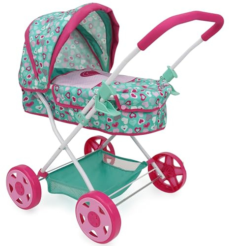 509 Crew: Mint Heart - Daisy Doll Pram - Pink & Green, Bassinet, Storage Basket, Retractable Canopy, Folding, Accessory, Pretend Play Toy, Kids 3+