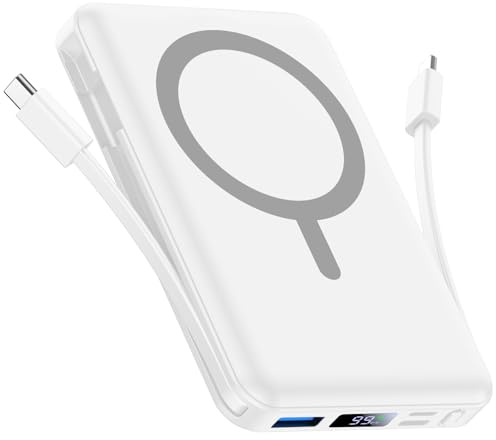 Vexnara para Magsafe Power Bank, 10000mAh Magnético Bateria Externa Carga Rapida, Inalámbrico Bateria Portátil Powerbank con USB-C y Pantalla LED para iPhone 17/16/15/14/13/12 Serie (Blanco)