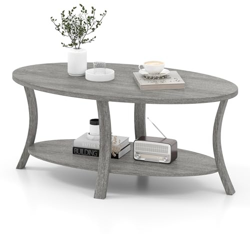 LIFEZEAL Mesa de Centro Ovalada de Madera de Caucho, Mesa de Centro de 2 Niveles con Estante de Almacenaje, Mesa Rústica para Salón, Hogar, Oficina, 111 x 60,5 x 47 cm (Gris)