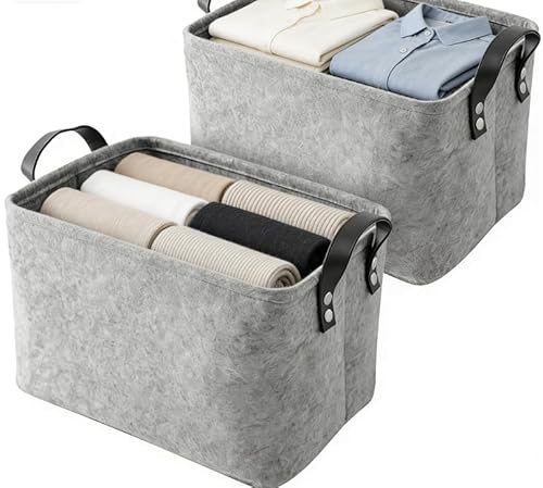 YDAKGUEY Felt Fabric Baskets, 2 PCS Large Open Fabric Bins with Handles for Organizing Clothes, Books, Laundry Baskets for Office Wardrobe Bookshelf Bedroom Toys (Grey)