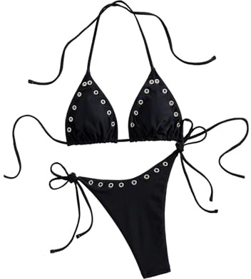 GORGLITTER Women's 2 Piece Sexy Bikini Sets Grommet Eyelet Halter Triangle Tie Side Cheeky Vacation Swimwear Black Medium