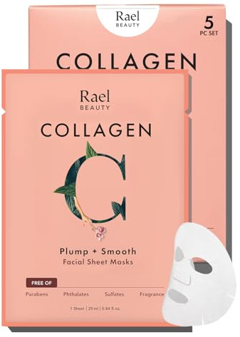 Rael Face Mask Skin Care, Collagen Face Masks - Bamboo Facial Sheet Mask, Korean Skincare, with Collagen Essence and Fruit Extracts, Nourishing and Moisturizing, All Skin Types (Collagen, 5 Sheets)