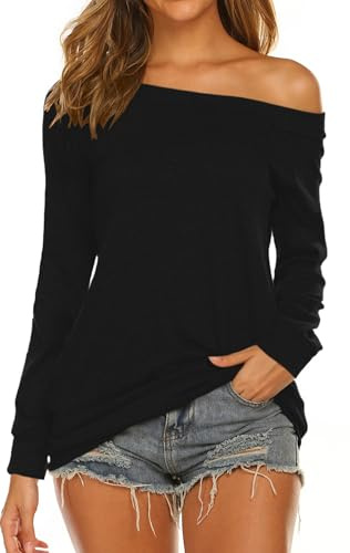 Halife Off Shoulder Tunic Tops for Women Long Sleeve Banded Hem (M, Black)
