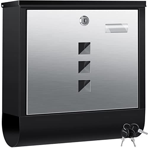 KESSER® Boîte aux lettres en acier inoxydable avec compartiment pour les journaux et porte-nom, fenêtre transparente, brossée, 3x clés verrouillable, laquée, montage mural, grande, noir/argent