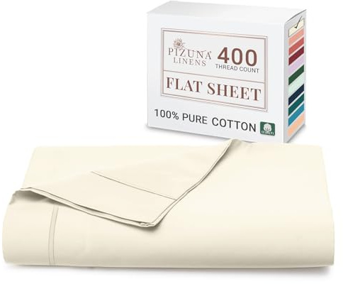 Pizuna 100% Cotton Flat Sheets Double Ivory, 400 Thread Count Long Staple Cotton Bed Sheets Double 230x280 cm, Soft Sateen Weave Top Sheet Double