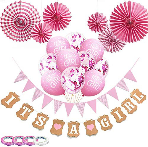 Babyparty Deko Mädchen, 22 Stück Rosa Baby Party Dekoration mit 10 Luftballons/Wimpelkette Wimpel/IT'S A Girl Banner/6 Papierfächer/4 Rollen Band für Baby Shower/Geburtstag Party Dekoration (Girls)