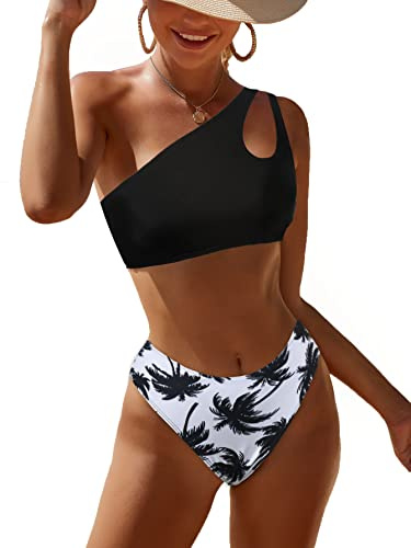 JFAN baddräkt kvinnor kvinnor en axel lapptäcke sexig solid hölster vadderad push-up bikini set tvådelad baddräkt, Svart träd, M
