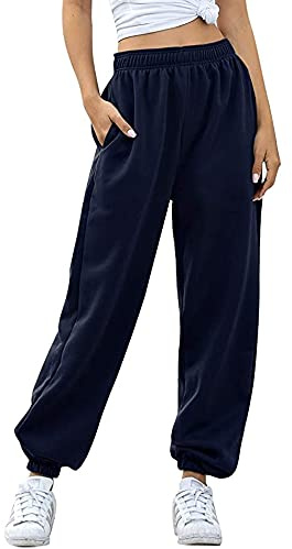 Love My Fashions Women's Plain Gym Sport Jogger Sweatpants & Winters Joggers Pockets Pants and Baggy Elastic Waist Trousers for Casual Hip Hop, Gym and Jogging Navy Blue