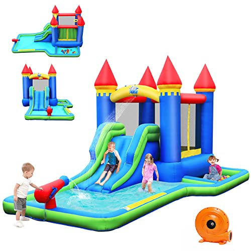 COSTWAY 7 en 1 Château Gonflable avec Souffleur 450W & Toboggan, Aire de Jeux Gonflable avec Canon à Eau & Mur d’Escalade, Piscine à Balles & 30 Boules, Charge 90kg pour 2 Enfants de 3-8 Ans