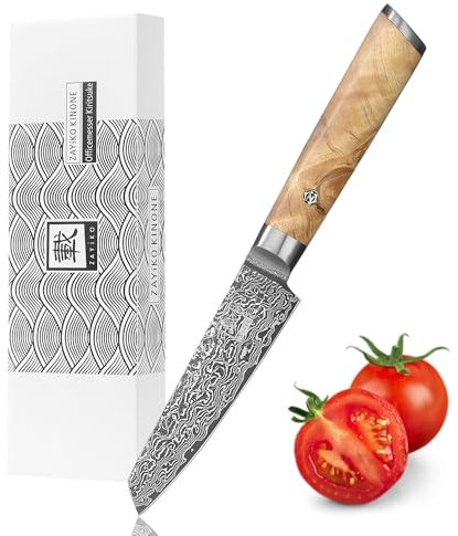 zayiko Kinone Premium Officemesser Mukimono mit 10 cm Klinge gefertigt aus 67 Lagen echtem Damaststahl mit Wurzelholzgriff Birke I Damastmesser Küchenmesser und Profi Kochmesser