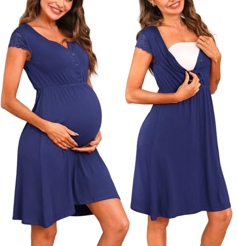 Nieery amningsnattskjorta dam, nattskjortor för gravida kvinnor, mammakläder, nattkläder, spets, graviditetsnattlinne med knappslå födelseklänning, amningstopp, amningskläder, blå, L